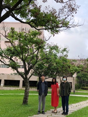 設計者張佑維(左)、詹雅茜(中)、吳舫(右)以校園常見的臺灣欒樹為設計發想