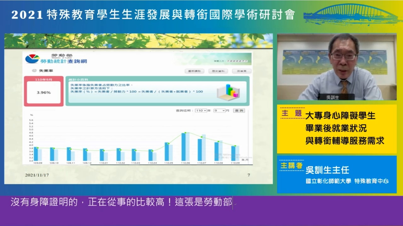 本校特殊教育中心吳訓生主任擔任會議總召集人及主席，並以「大學身心障礙學生，畢業後就業狀況與轉銜輔導服務需求」為題進行專題演講。