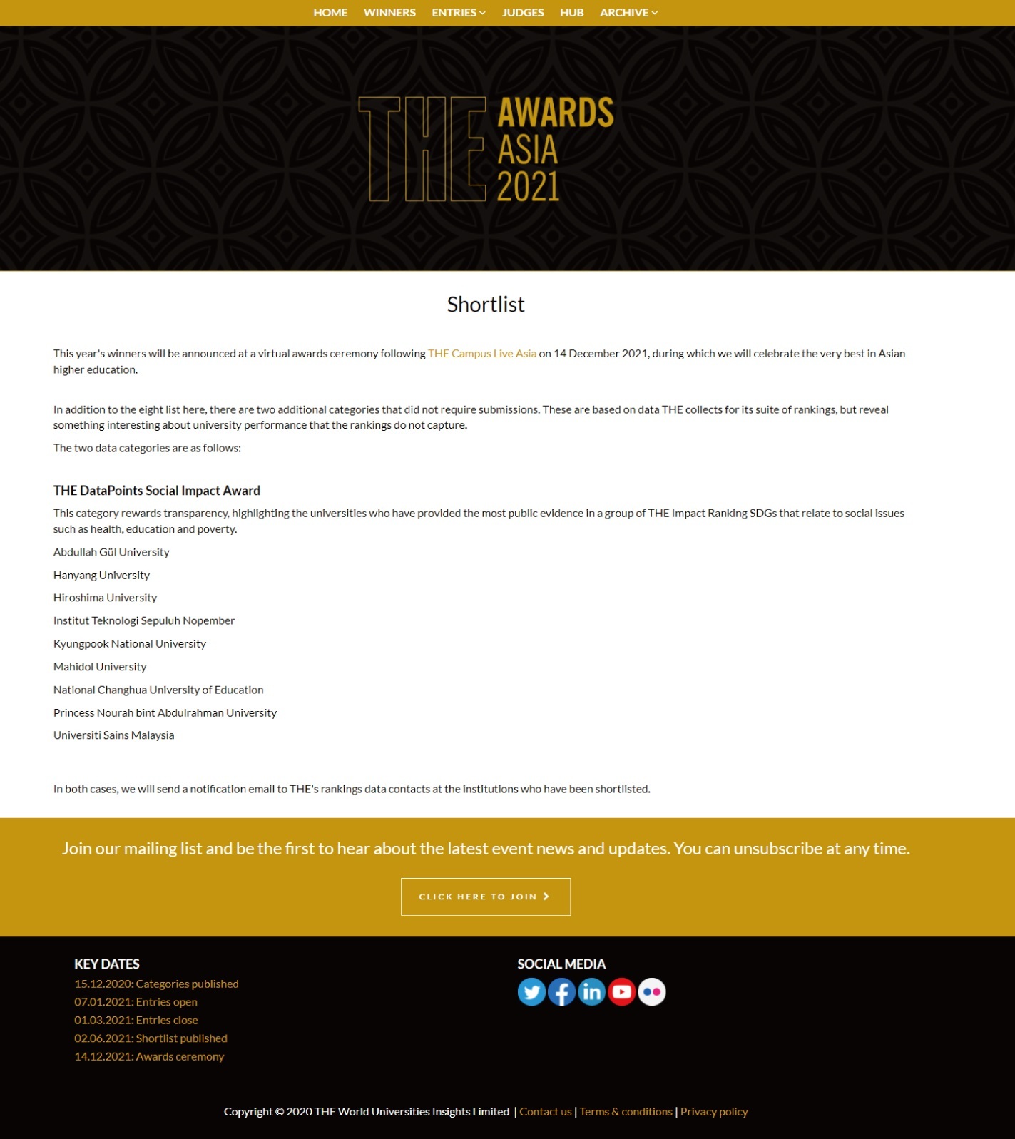 泰晤士高等教育（THE）亞洲大獎「THE DataPoints 社會影響獎」網頁公佈頁面。