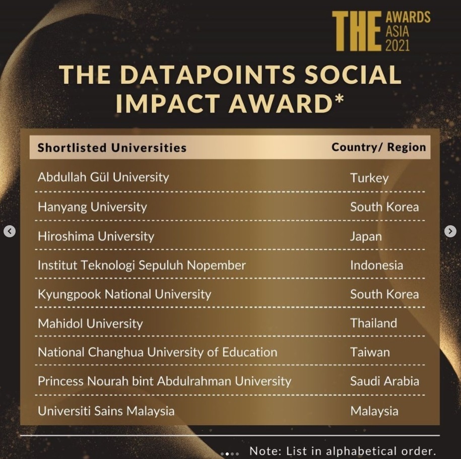 泰晤士高等教育（THE）亞洲大獎「THE DataPoints 社會影響獎」入圍公佈頁面。