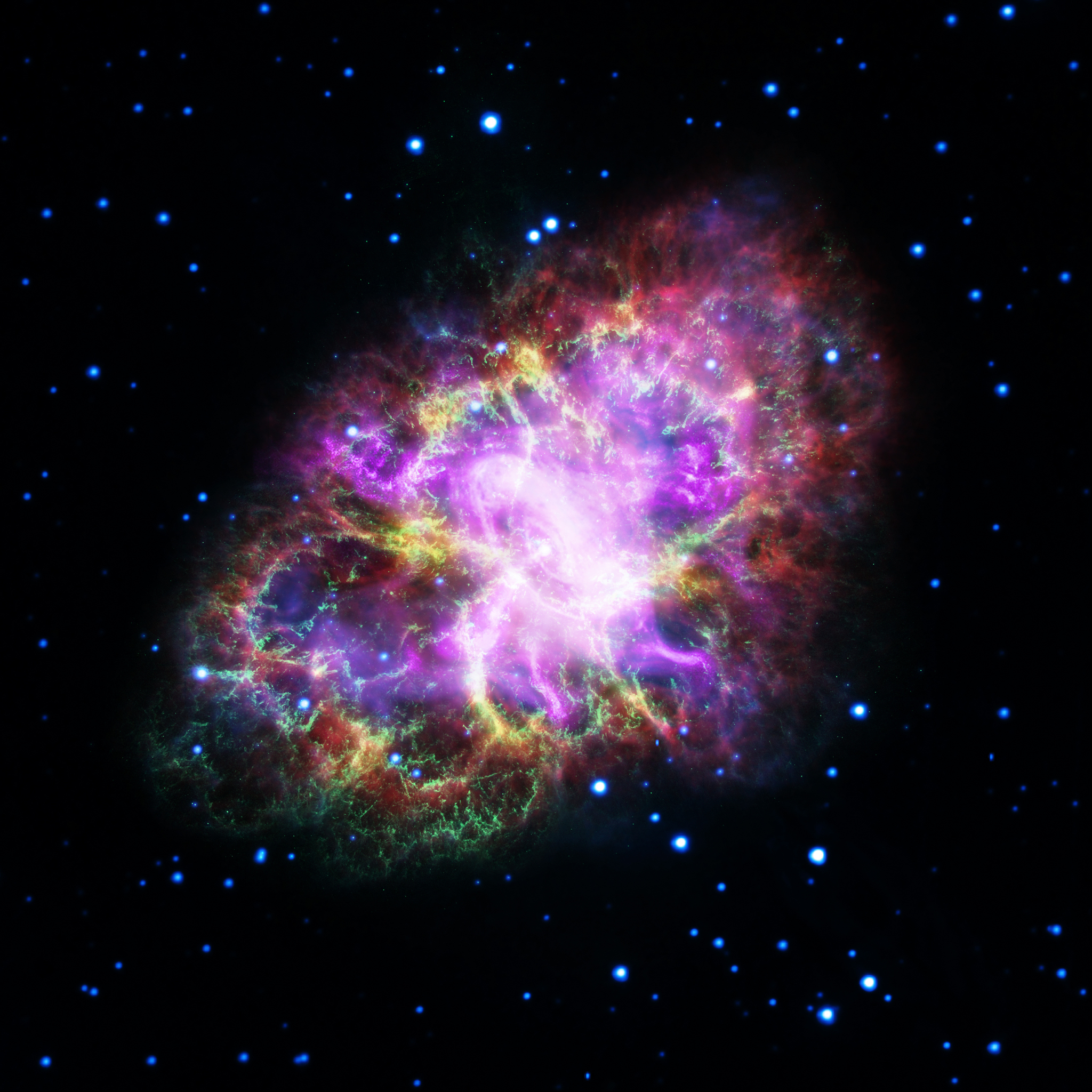 圖二：蟹狀星雲的多波段合成影像。藍色是X射線 (錢德拉太空望遠鏡)，紅色是可見光 (哈伯太空望遠鏡)，紫色是紅外線 (史匹哲太空望遠鏡)。X射線影像的明亮中心點是蟹狀星雲脈衝星。影像版權：X 射線: NASA/CXC/SAO/F.Seward; 可見光: NASA/ESA/ASU/J.Hester & A.Loll; 紅外線: NASA/JPL-Caltech/Univ. Minn./R.Gehrz